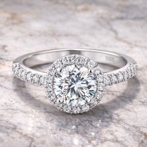 1.5ct Round Halo Cut Moissanite Ring 925 Sterling Silver F Color VVS Engagement